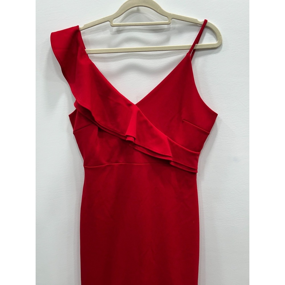 AQUA Ruffle Midi Dress Womens Size Medium Red Asymmetrical Strap Flounce Hem - Picture 3 of 10